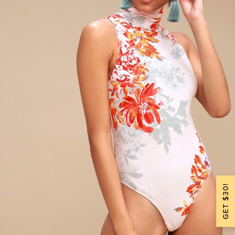 Pixie Ivory Floral Print Mock Neck Bodysuit SZ S